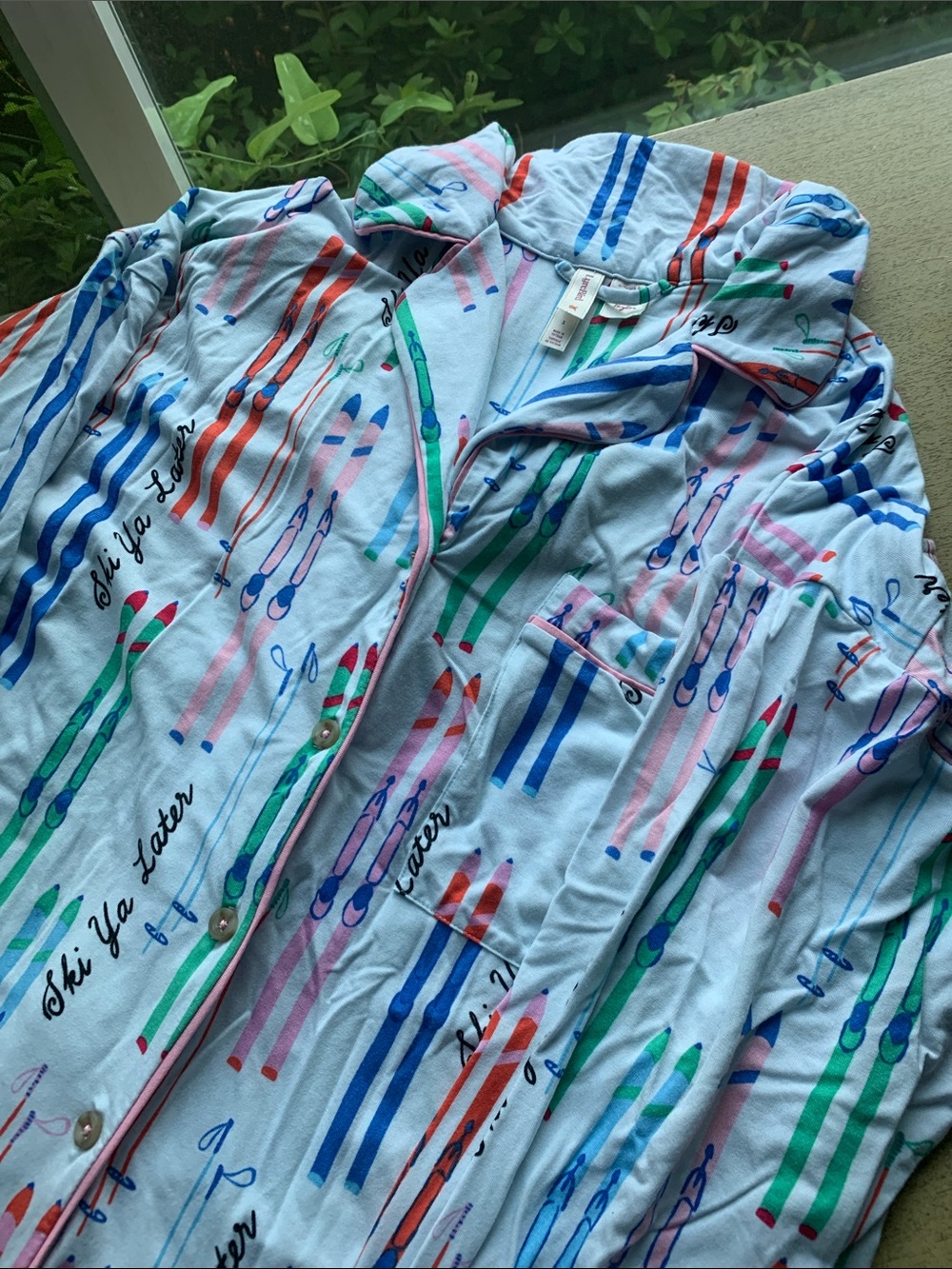 Anthropologie Light Blue Ski Print Pajama Top with Pink, Green & Blue Accents